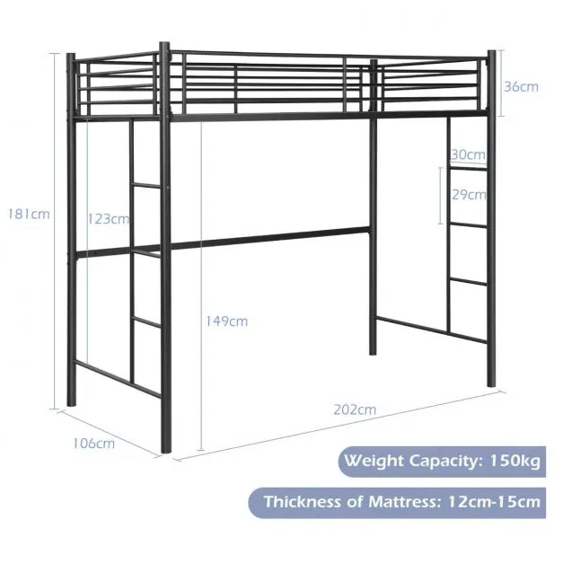 Twin Metal Loft Bed Frame with Safety Guardrail for Kids and Adults