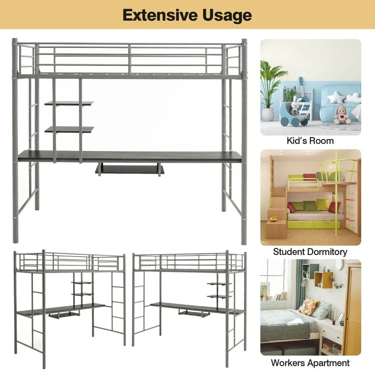 Metal Bunk Bed Frame High Sleeper with Desk and Storage Shelves