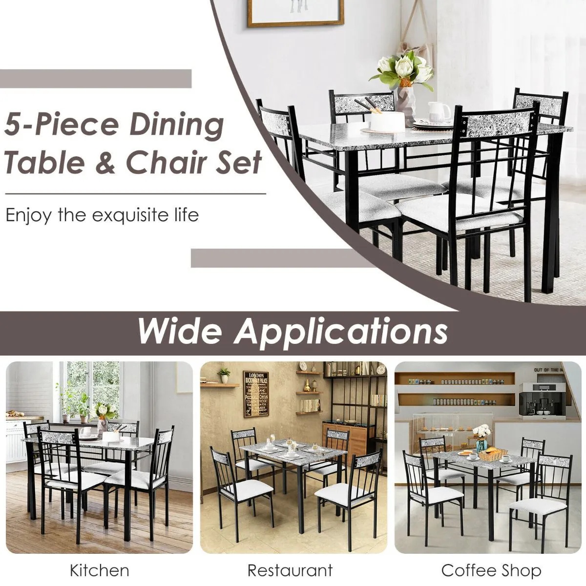 Costway Marble Kitchen Dining Set with Sponge Cushion